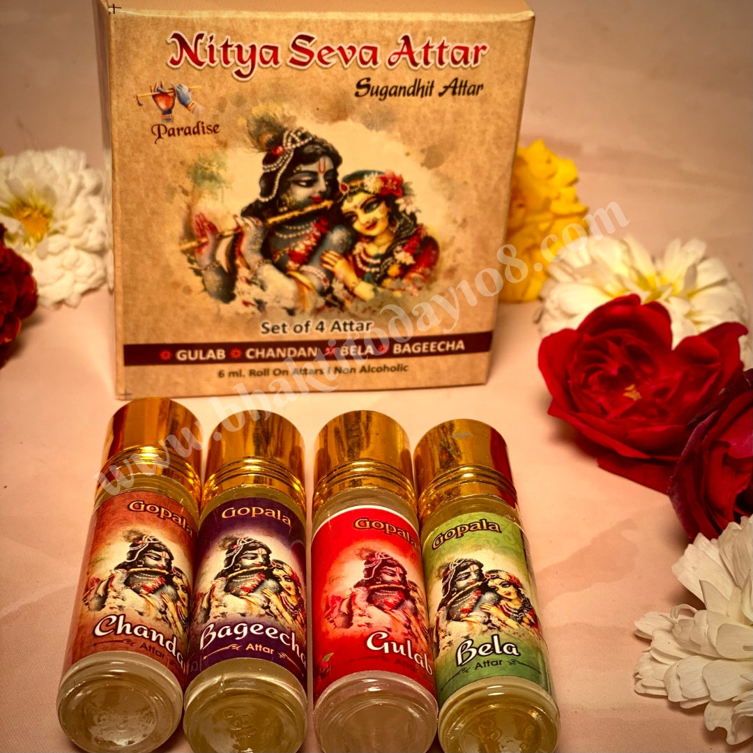 Nitya Seva Attar Perfume Set of 4 – Non-alcoholic fragrances Bela, Gulab, Chandan, Bageecha for deity and personal use