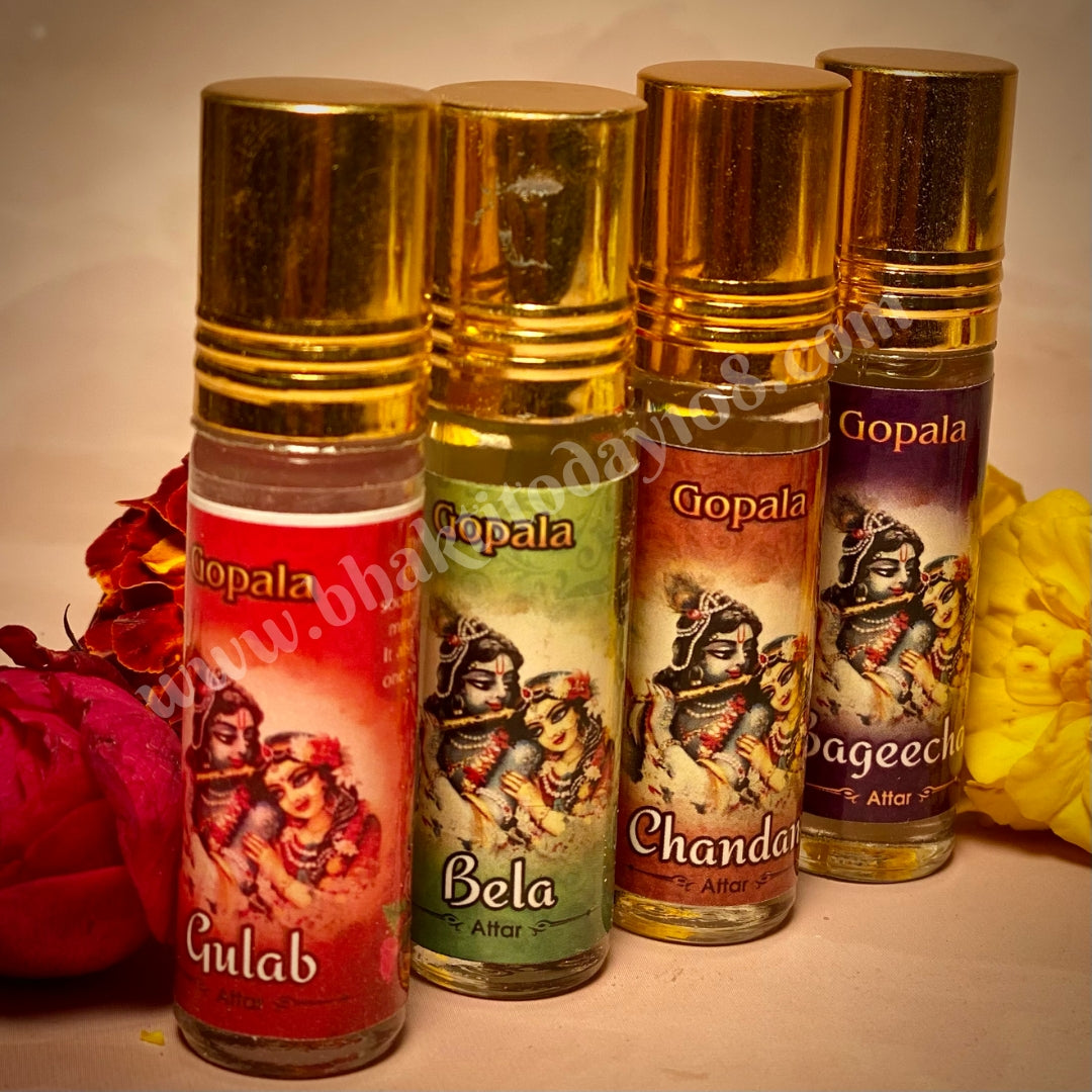 Nitya Seva Attar Perfume Set of 4 – Non-alcoholic fragrances Bela, Gulab, Chandan, Bageecha for deity and personal use