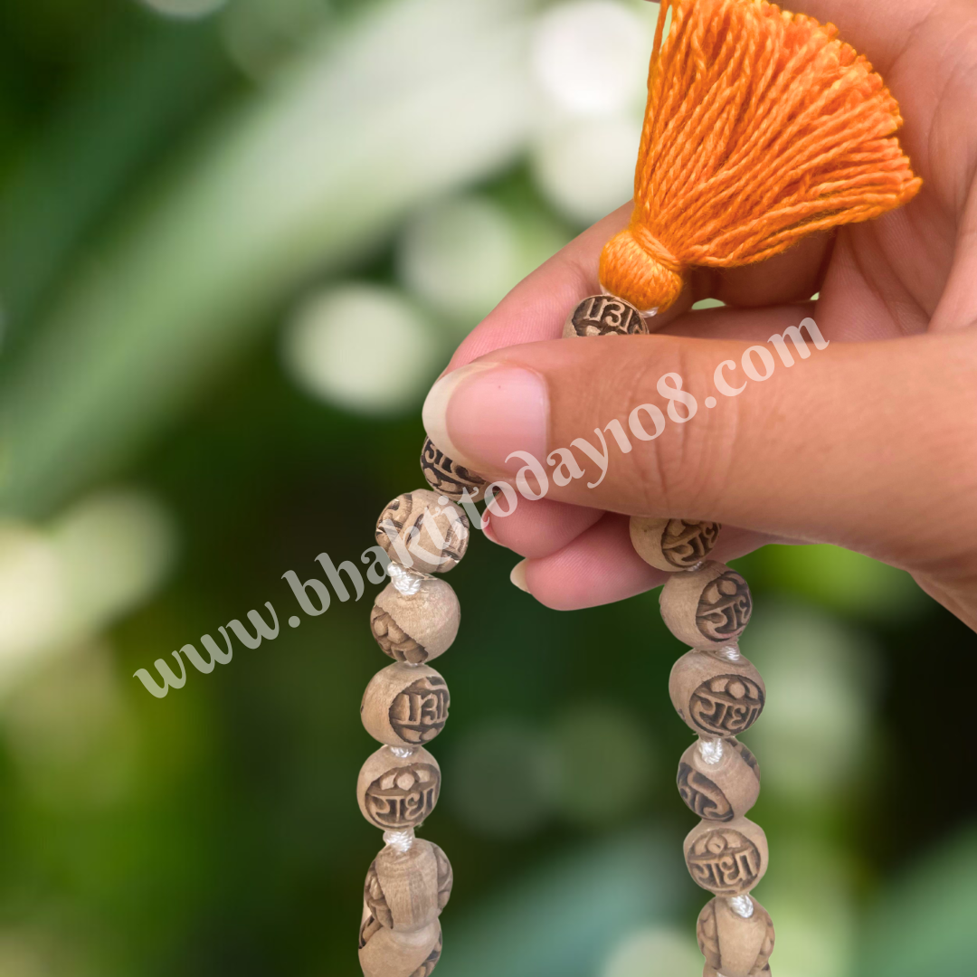 27 Beads Tulsi Radha Japa Mala – sacred Tulsi wood chanting beads with Radha name, ideal for daily mantra meditation and spiritual focus.
