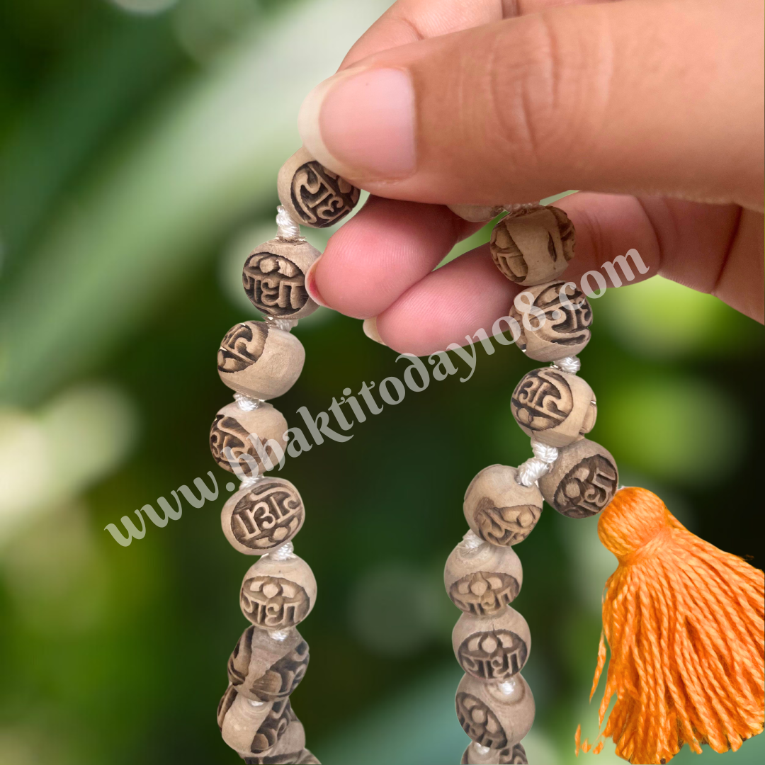 27 Beads Tulsi Radha Japa Mala – sacred Tulsi wood chanting beads with Radha name, ideal for daily mantra meditation and spiritual focus.