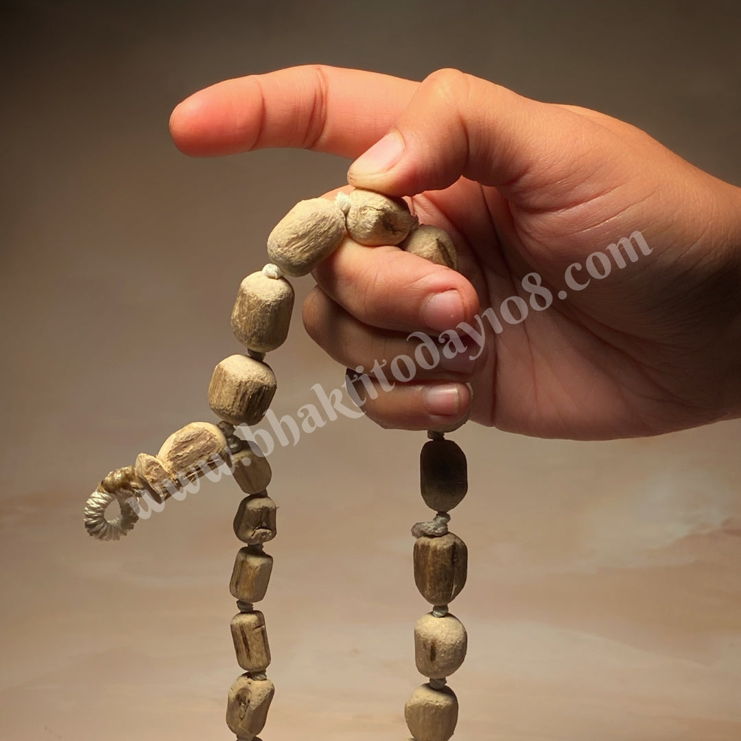 Cylindrical Pure Tulsi Japa Mala with 108 beads, ideal for mantra chanting and meditation practices.