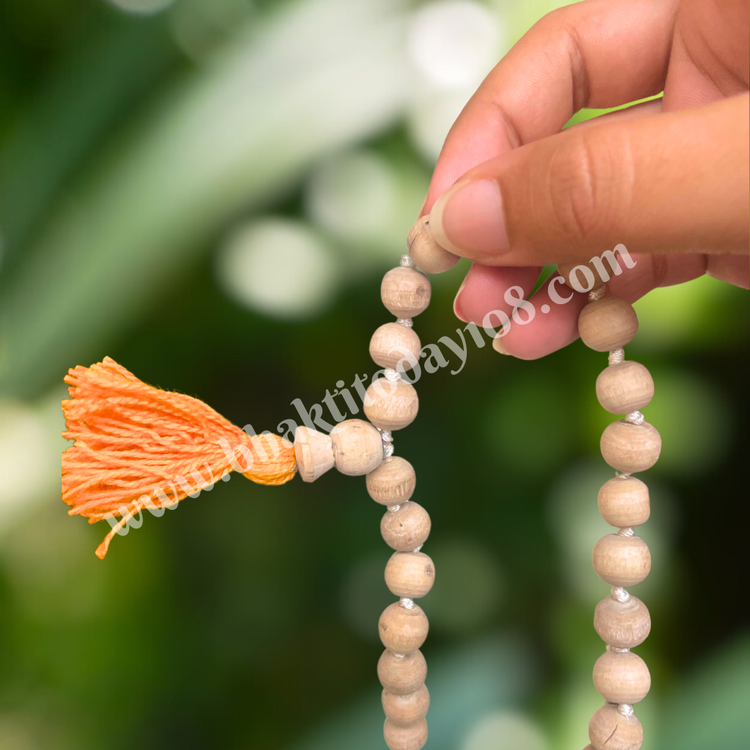 54 Beads Tulsi Japa Mala – sacred Tulsi wood chanting beads designed for meditation, mantra repetition, and spiritual discipline.