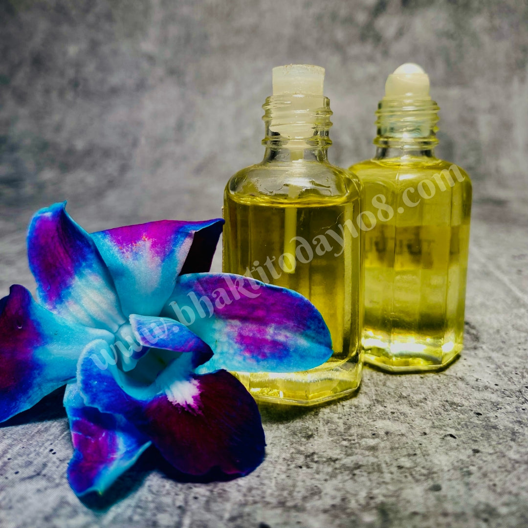 Pure Tulsi Oil – 10ml alcohol-free natural Tulsi oil made in Vrindavan, ideal for Deity massage, pooja, and spiritual rituals with sacred Tulsi fragrance.