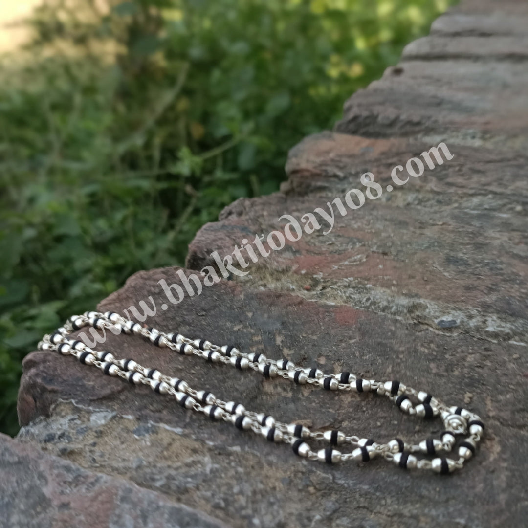 Silver Accents Black Tulsi Bead Necklace | Hindu Prayer Mala Style Jewelry