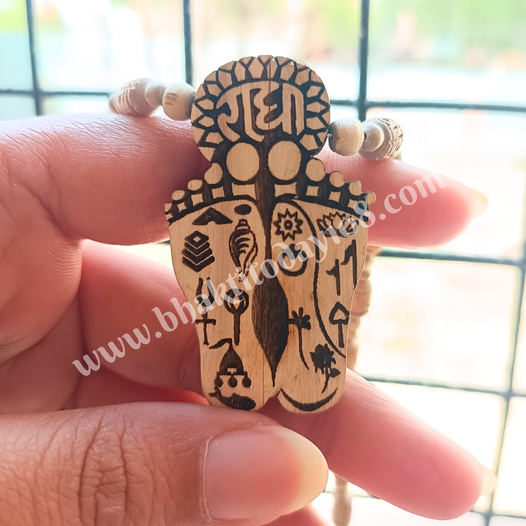 Radharani Charan Locket Pure Tulsi Mala, crafted with sacred Tulsi beads and featuring a divine Radharani Charan locket, perfect for chanting, meditation, and enhancing spiritual devotion.