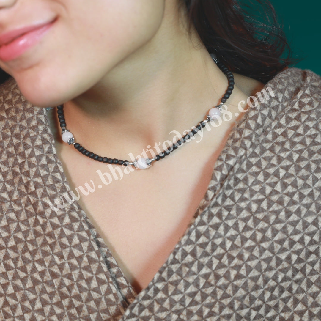 Pure Tulsi Kanthi Mala with silver beads, decorative caps, and four real quartz stones – a beautifully handcrafted spiritual necklace for daily wear and divine connection.