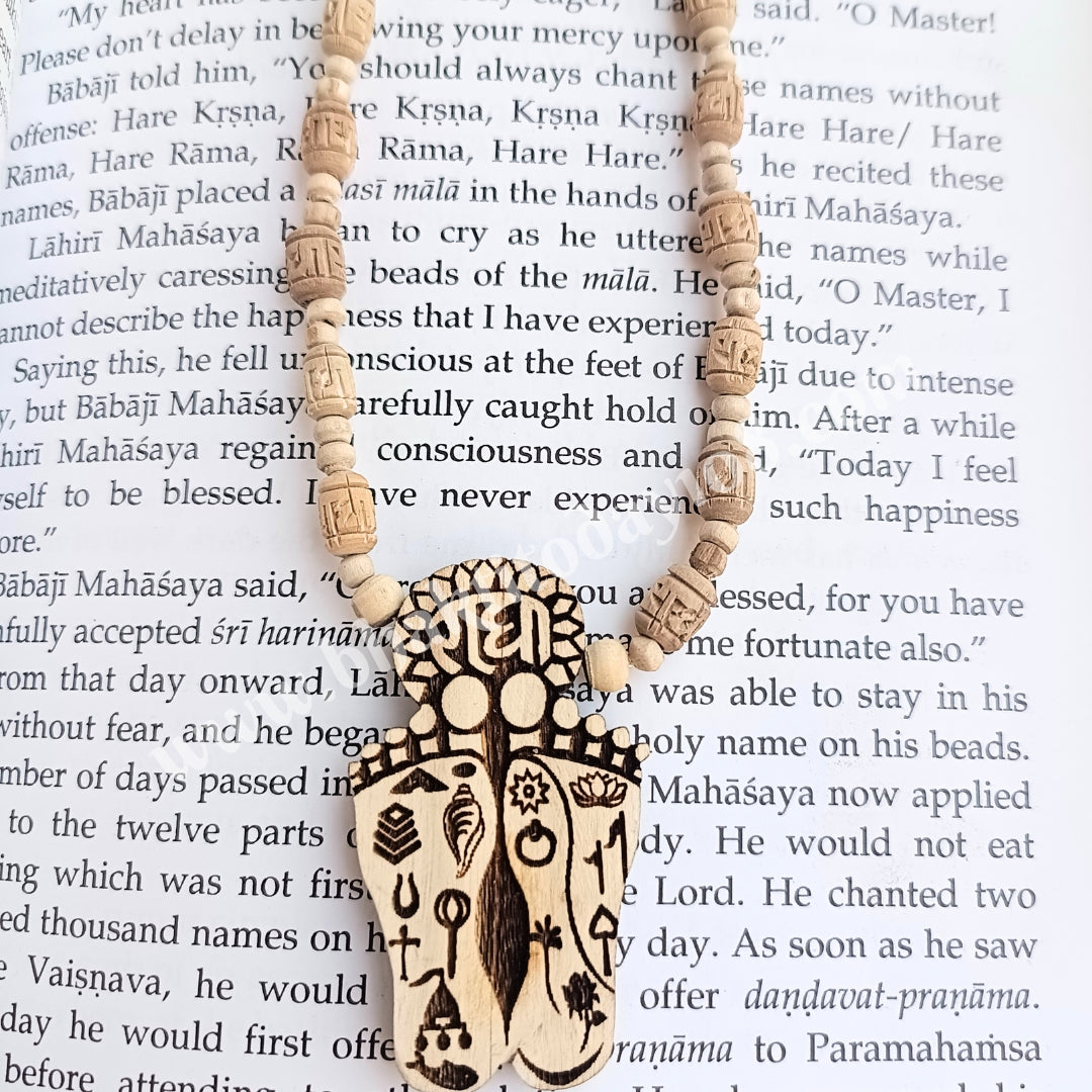Radharani Charan Locket Pure Tulsi Mala, crafted with sacred Tulsi beads and featuring a divine Radharani Charan locket, perfect for chanting, meditation, and enhancing spiritual devotion.