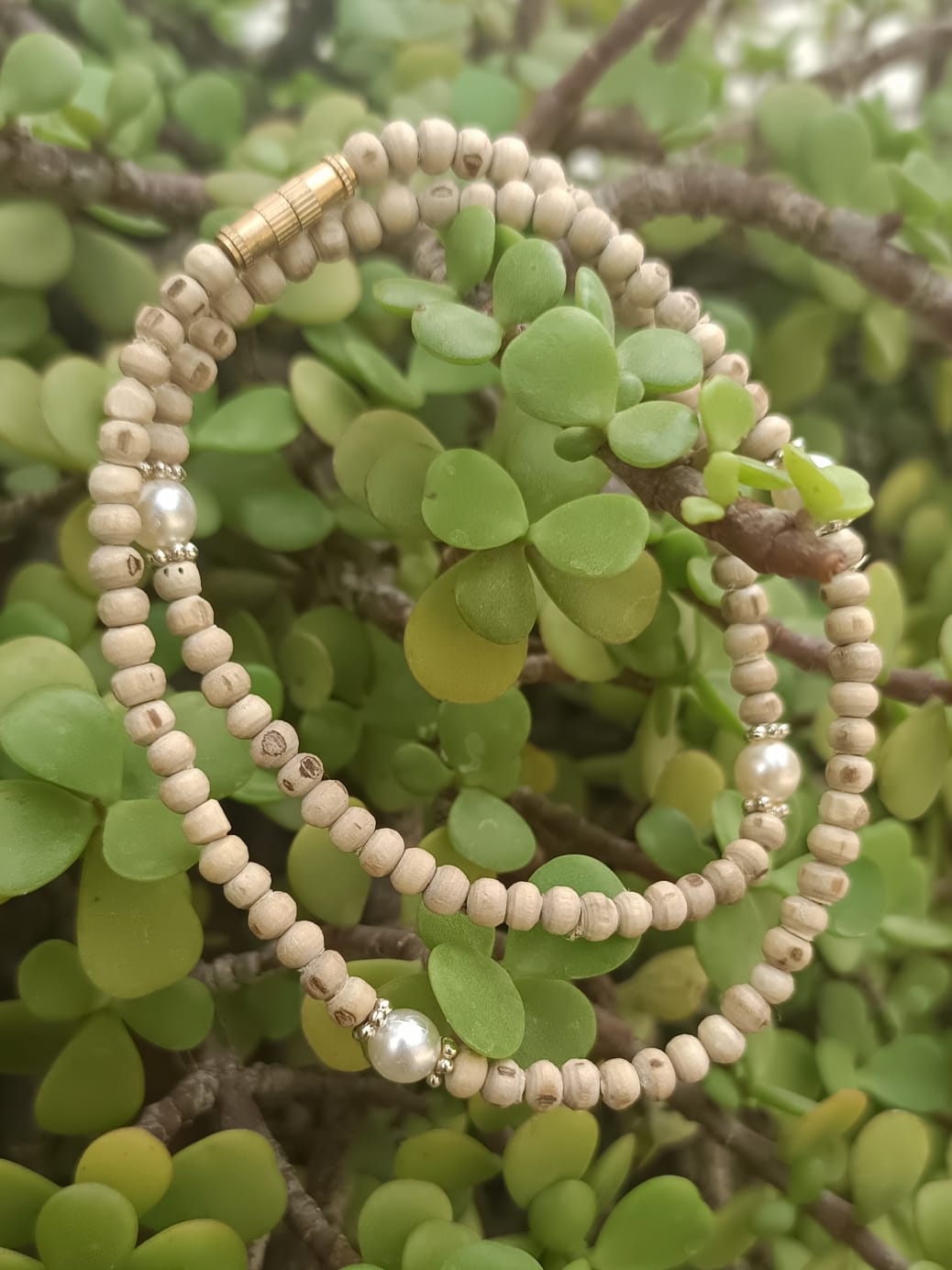 Classic Pearl Pure Tulsi Mala, handcrafted with authentic Tulsi beads and high-quality pearls by Brijwasis in Vrindavan. A perfect blend of devotion and elegance, ideal for meditation, prayer, and gifting.