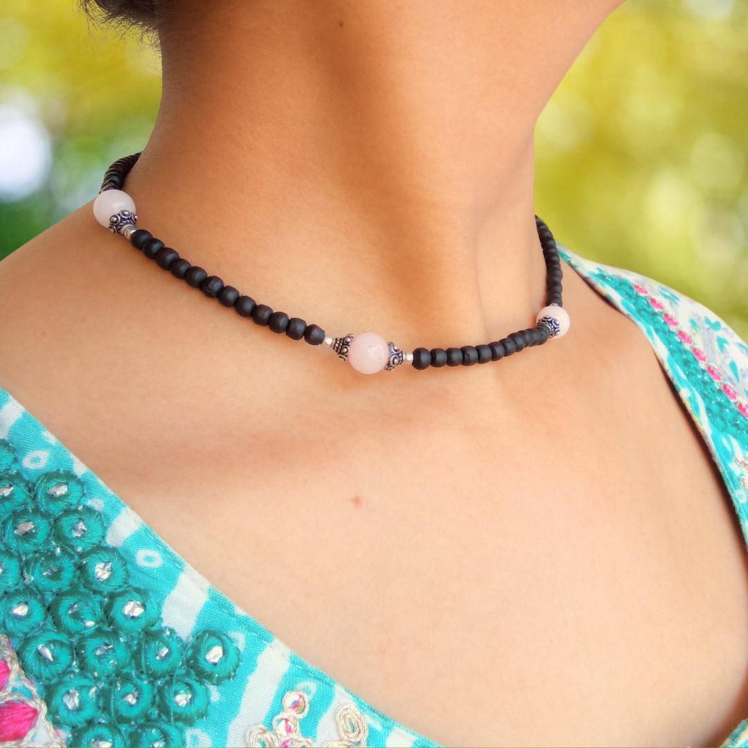 Pure Tulsi Kanthi Mala with silver beads, decorative caps, and four real quartz stones – a beautifully handcrafted spiritual necklace for daily wear and divine connection.